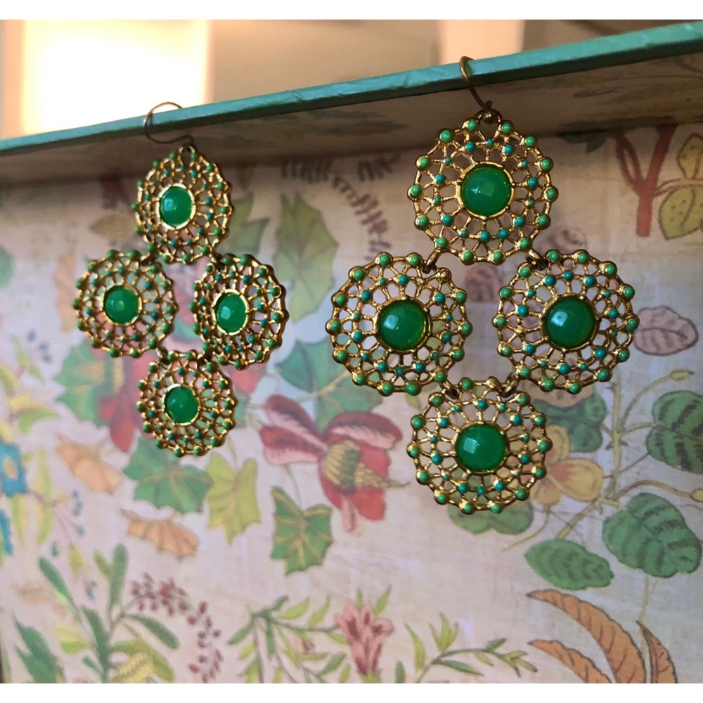 Stella & Dot Green and Gold Chandelier Earrings